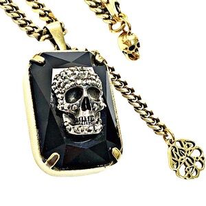 Authentic Vintage Alexander McQueen Rare Gold Plated Onyx Skull Necklace